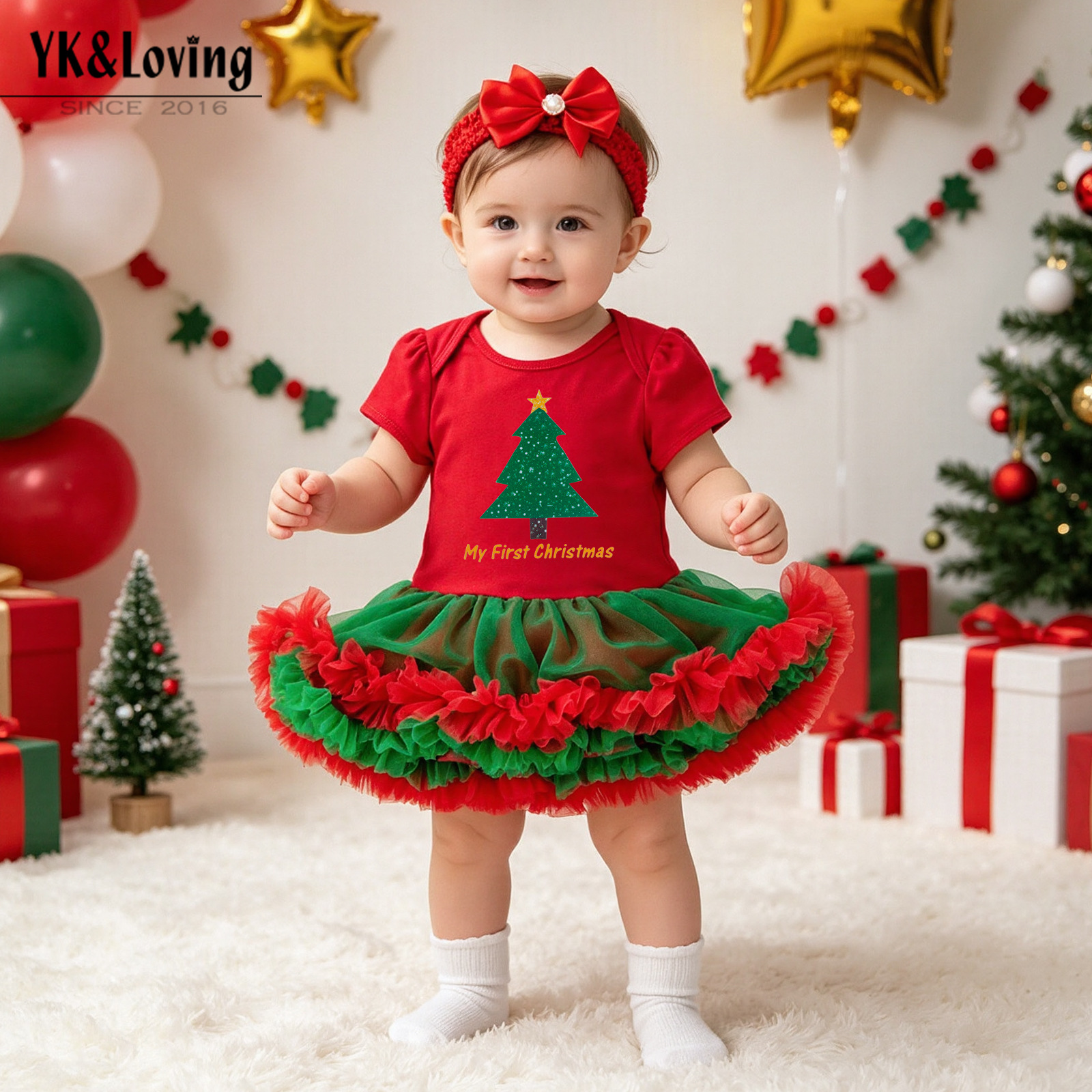 Children's Clothing Christmas Dress Newborn Cartoon Old Man Head Red and Green Mesh Princess Dress Baby Christmas Dress