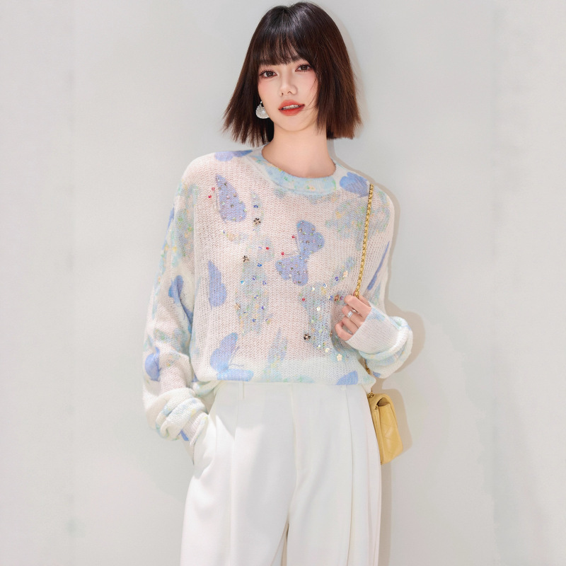 2025秋季新款韩版晕染印花水钻提花毛衣女宽松气质圆领针织打底衫|undefined