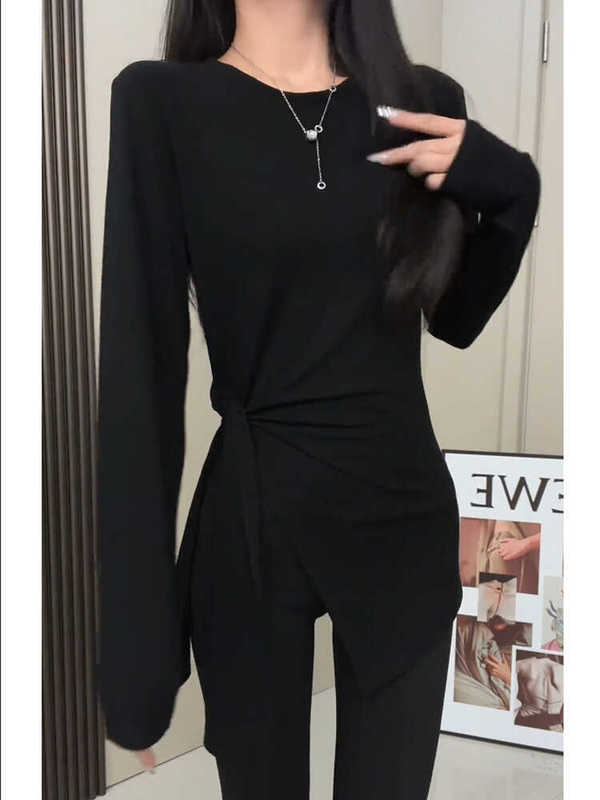 欧洲站棉中长款打底衫女秋季设计感小众开叉不规则上衣长袖t恤衫|undefined