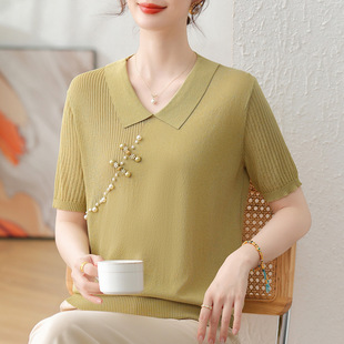 Middle-Aged and Elderly Mothers' New Chinese-Style Knitted Tops, Loose and Plus Size, Stylish Lapel Ice Silk Short-Sleeved T-Shirts for Summer