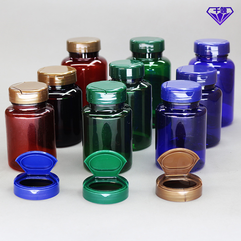 Botella de plástico PET semitapa abatible QL para suplementos vitamínicos y medicamentos, bloqueadora de luz, para cápsulas y tabletas.