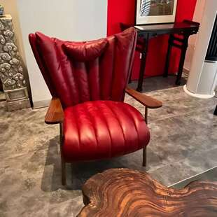 Nordic Mid-Century Style Designer Living Room and Dining Room Home-Use Solid Wood Sofa Chair Genuine Leather Single Designer Model