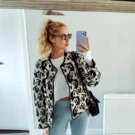 跨境女装2024秋冬新款欧美风大码时尚ins印花法式绗线棉服外套女