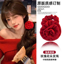 法式浪漫红玫瑰花朵发绳女夏季气质扎马尾橡皮筋网红头花发圈头绳