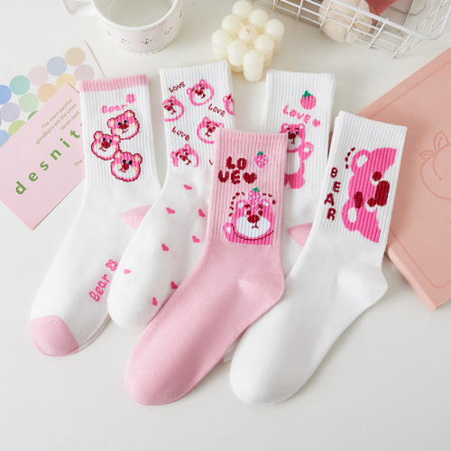 Socks for women, autumn and winter mid-calf socks, spring cute cartoon strawberry bear ins fashion long socks, sports student socks wholesale