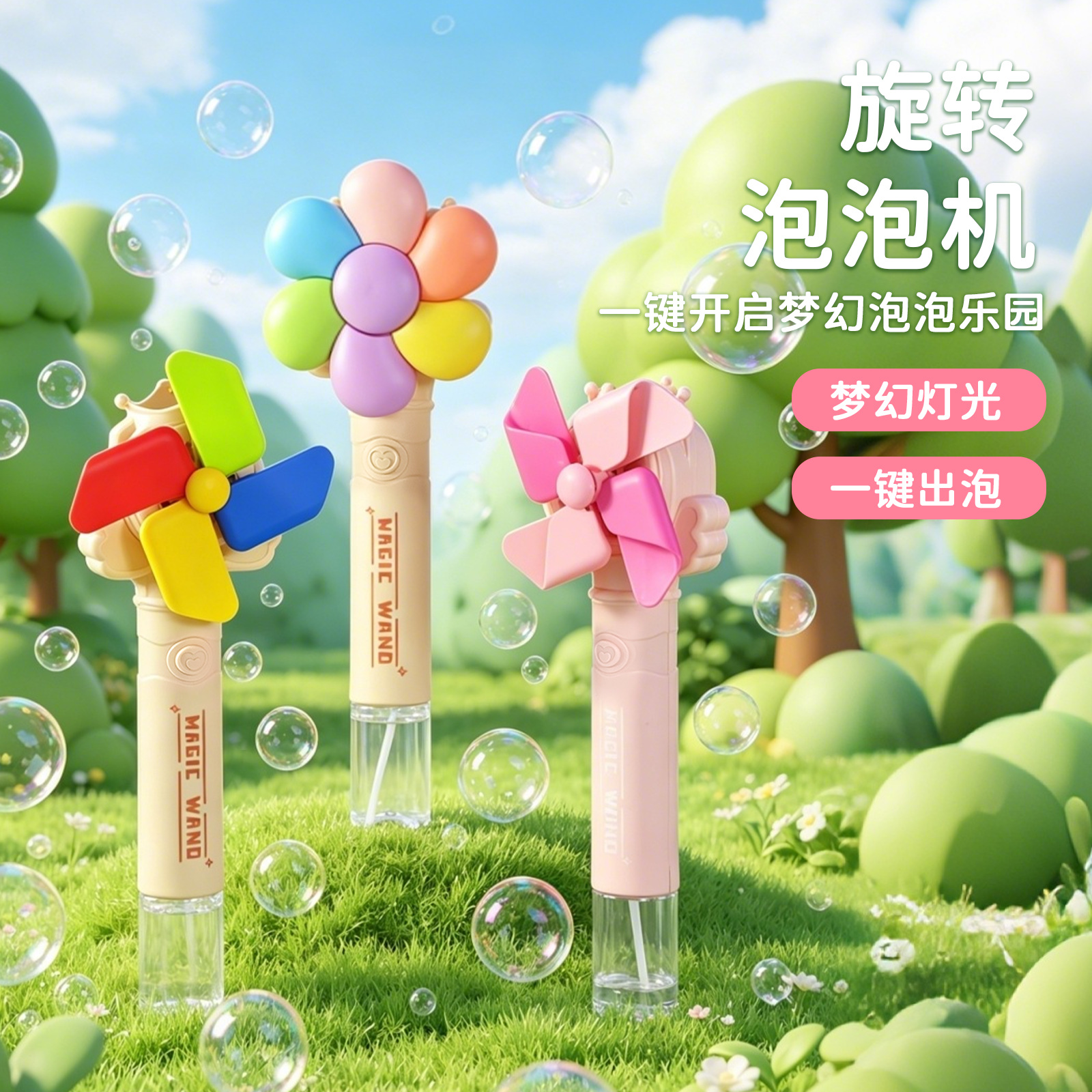 Rotating Windmill Rainbow Flower Bubble Machine Fully Automatic Electric Bubble Blowing Toy for Kidsren and Girls with Dreamy Lights