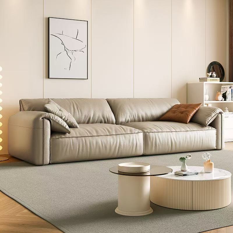 Italian-Style Elephant Ear Minimalist Genuine Leather Sofa for Small and Large Spaces, Modern Simple Living Room Straight-Row Wide Deep Sofa