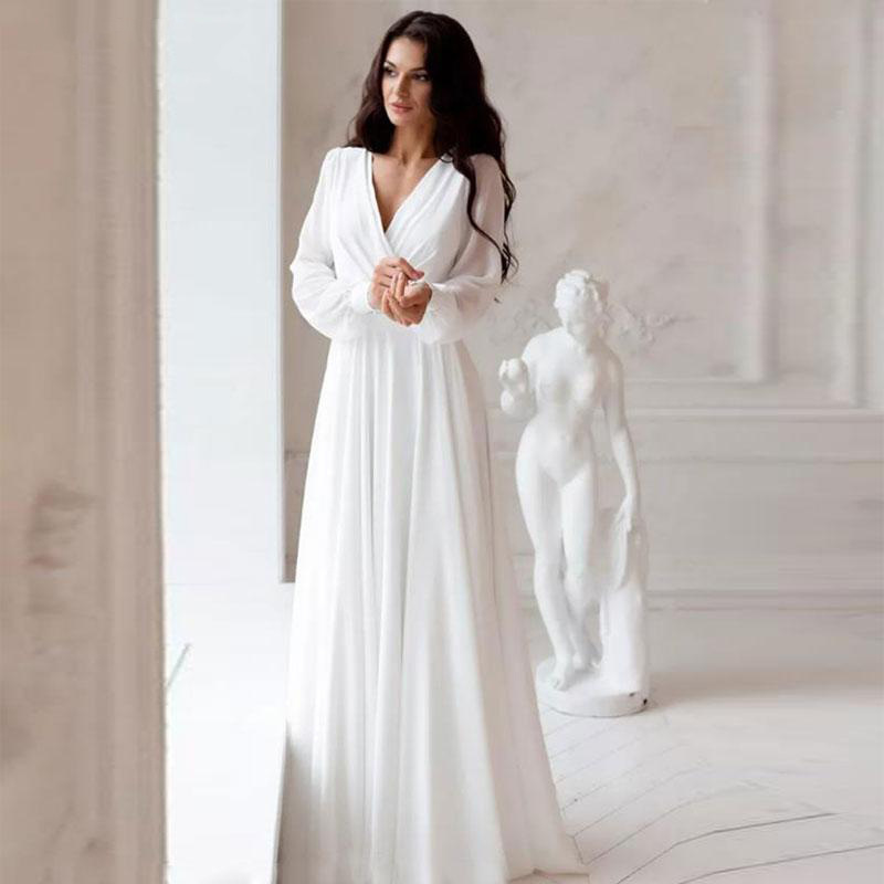 Long-Sleeved Wedding Dress 2025 Bride Small Tail New Deep V Neck Wedding Dress A-Line Skirt Slim Simple Fashion Women's Dress