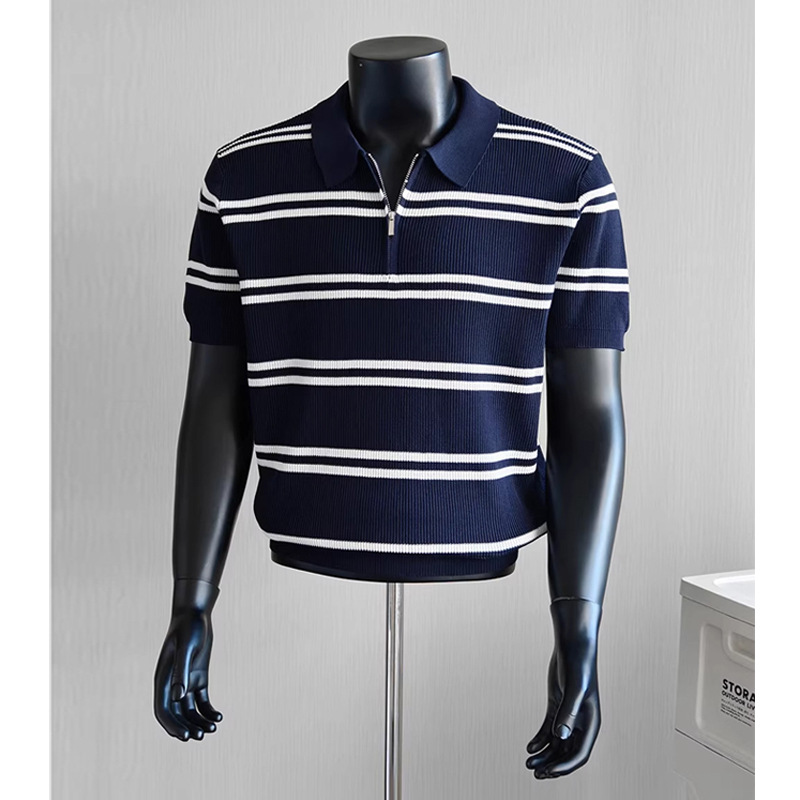 Camisas de polo de manga corta de vello de estilo de verano, camisetas de hielo con media cremallera a rayas, fábrica transfronteriza al por mayor