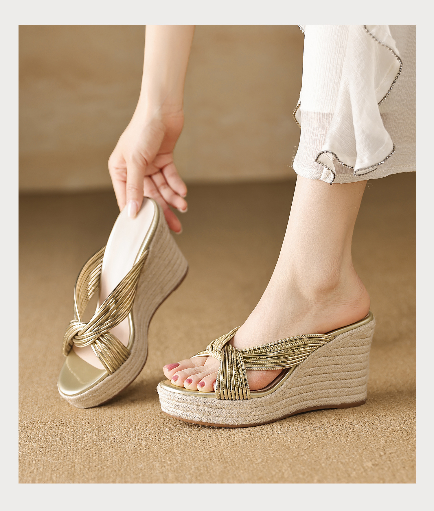 Sandal cao gót nữ đế đan rơm quai chéo bạc hở mũi phong cách Tân Trung Hoa — màu vàng, bạc chi tiết 11