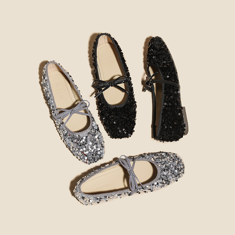 French Sequined Silver Ballet Shoes 2025 New Style One-Line Evening Bow Mary Jane Flats Shoes