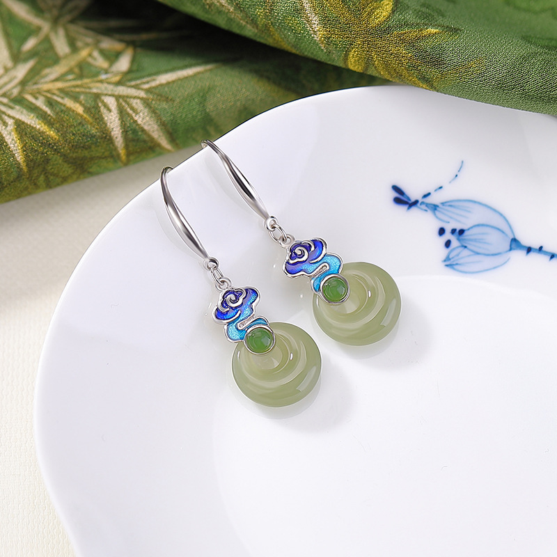 Bông tai nữ bạc S925 đính ngọc bích vàng tự nhiên và pha lê men xanh, mặt dây hình bình an khóa — Một đôi