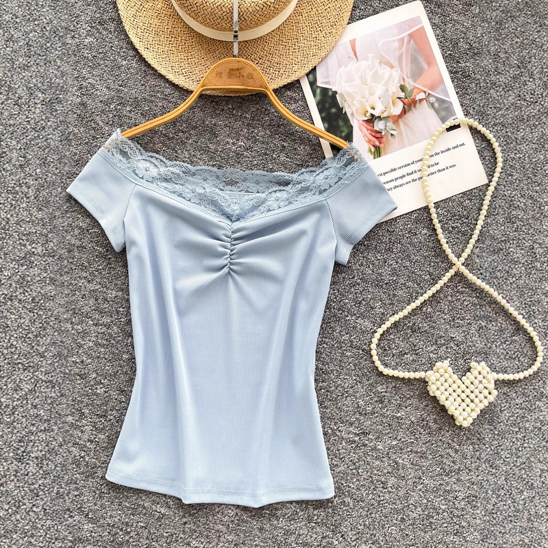 Carefully Selected Normcore Style High-End One-Shoulder T-Shirt for Women in Summer Lace Mesh Splicing Slimming Look Pure Sexy Hot Girl
