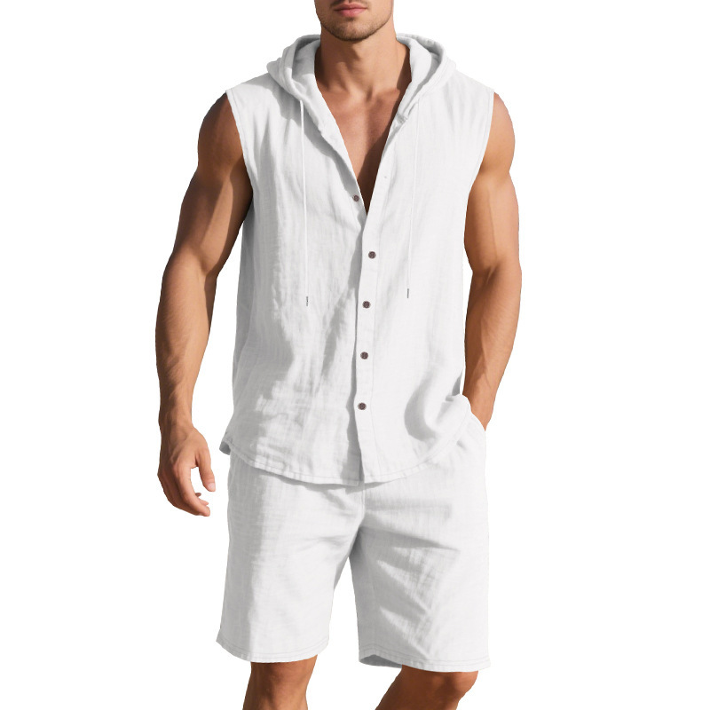 Tronos transfronterizos de hombres europeos y americanos verano americano suelto lino casual simple sin mangas camisa sin capucha pantalones cortos traje de dos piezas