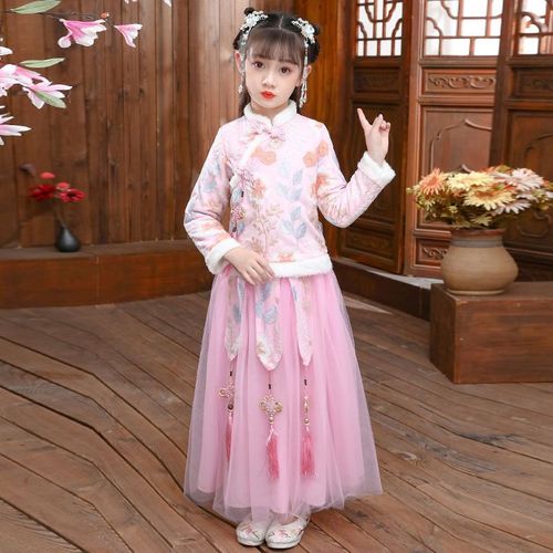 Kids pink Hanfu girls winter children chinese folk fairy princess dress New Year tang suits winter of princess dress model