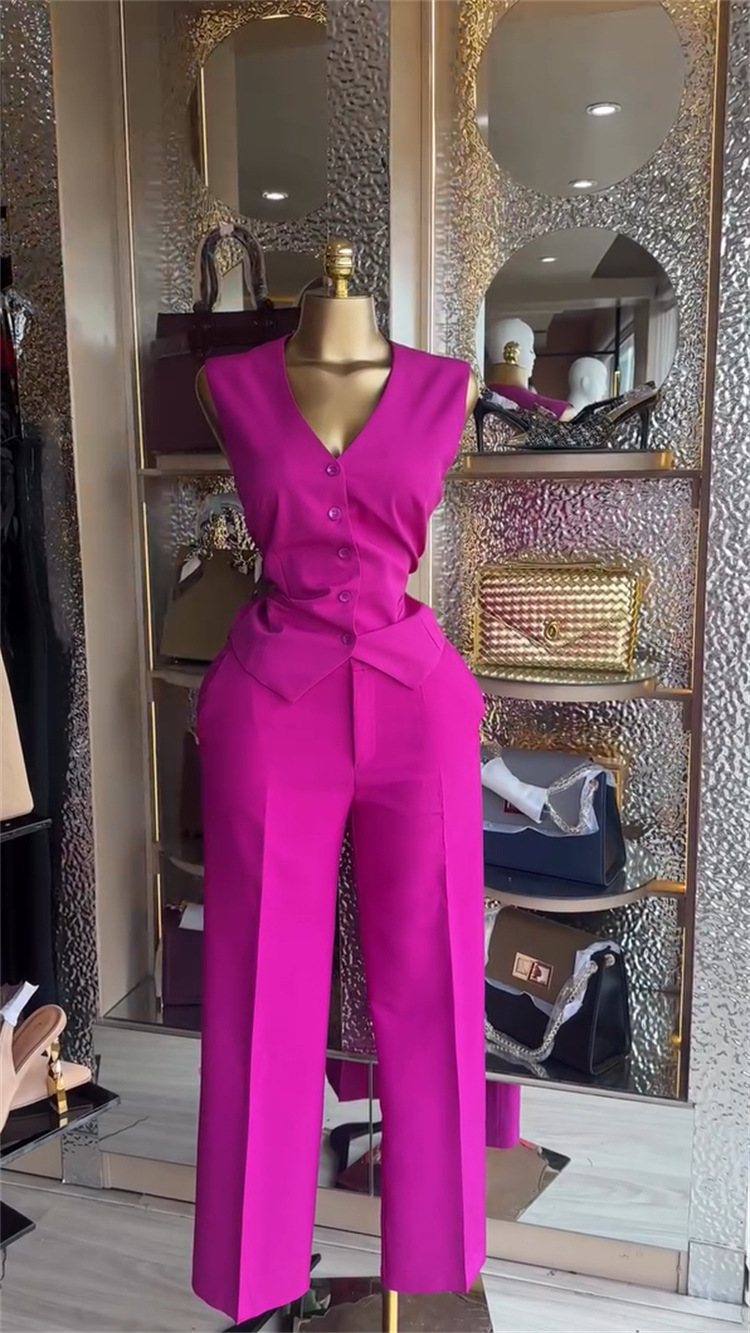 Women's V-neck Button-down Vest And Wide-leg Trouser Suit Set_voghion.com