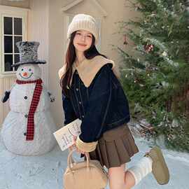 蓝色设计感时尚减龄牛仔羽绒服女2025冬季新款拼接毛绒大翻领外套