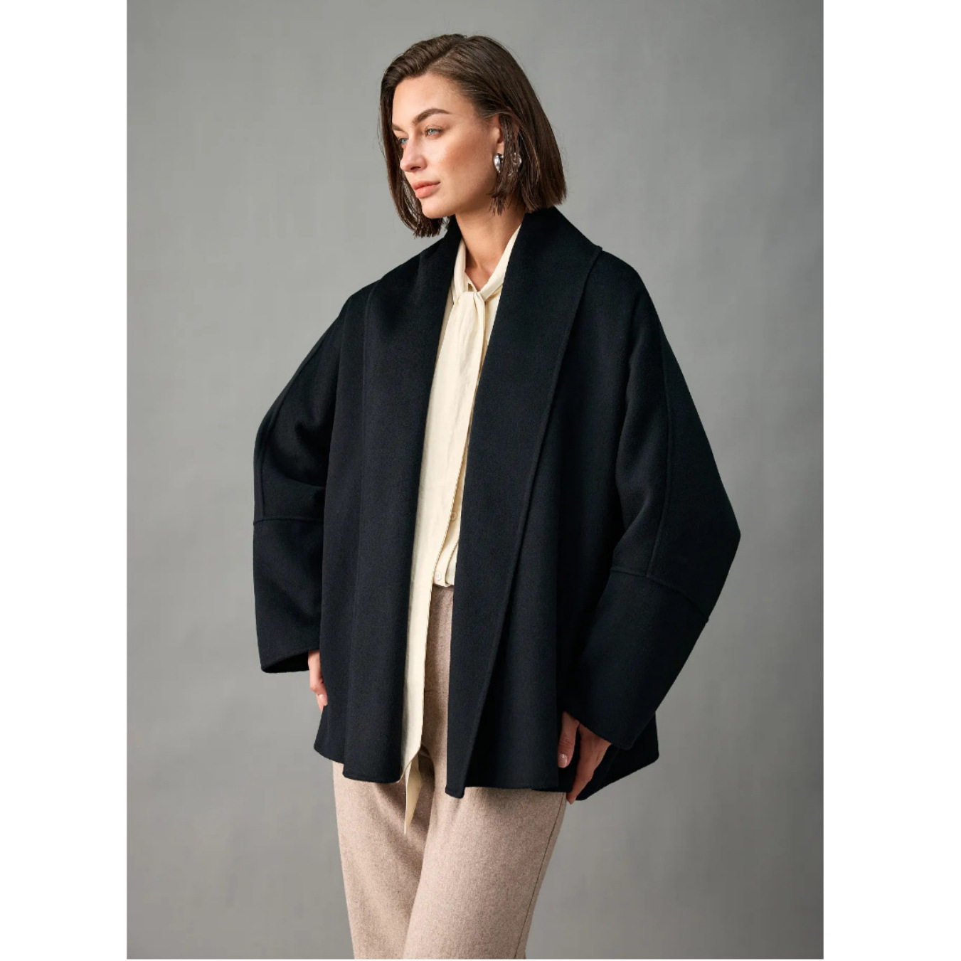 30% Cashmere Outwear for Women 2025 Autumn and Winter New Style Green Fruit Collar Cocoon-Shaped Bat Sleeves Loose Slimming Look Woolen Outwear