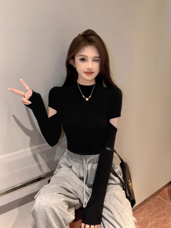 螺纹黑色半高领打底衫女春秋内搭设计感长袖t恤针织紧身短款上衣|undefined