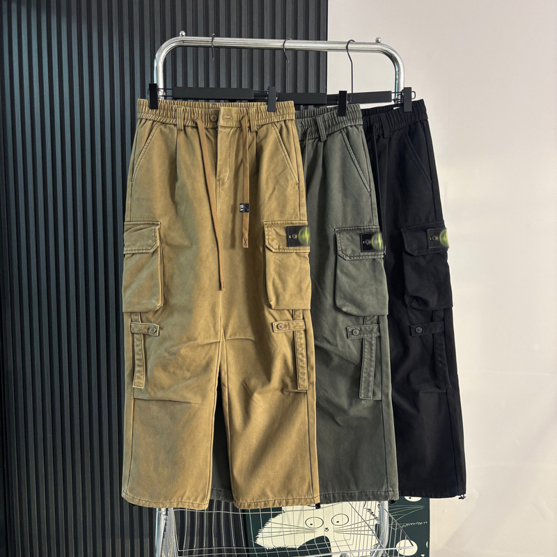 Cross-Border Stone American Retro Casual Loose Straight-Leg Pants with Fleece Lining and Multiple Pockets Denim Work Pants for Men and Women