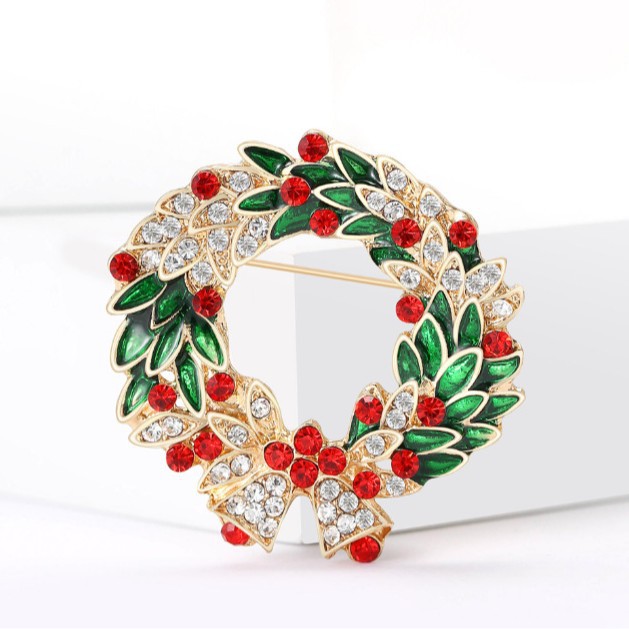 Cross-Border European and American Christmas Wreath Brooch, Fashionable Rhinestone Bell Corsage, Alloy Inlaid Diamond Handmade Enamel Pin Jewelry