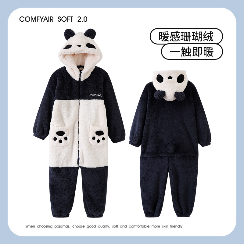 Padres e Hijos de Una pieza de la familia de tres bocas de cuatro boca pijamas de invierno cálido coral polar de dibujos animados Panda franela homewear