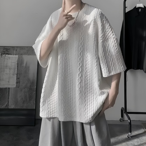 Heavyweight American-style men's T-shirt summer 5/8 sleeve simple niche upper clothing loose casual short-sleeve men's T-shirt trendy brand