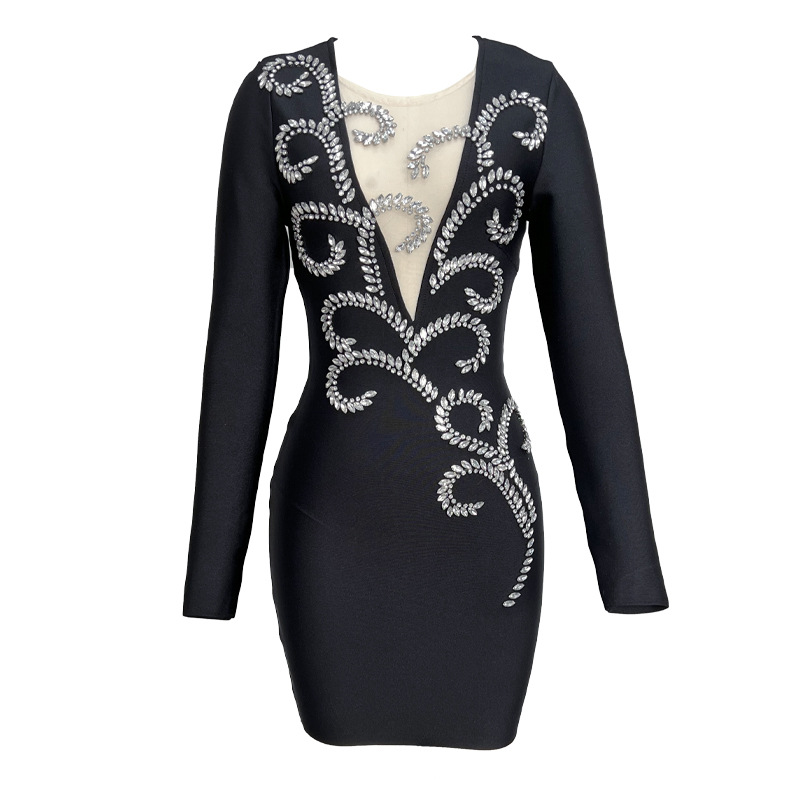 Vêtements pour femmes Robe bandage en diamant cousue à la main Robe de soirée en bandage_voghion.com