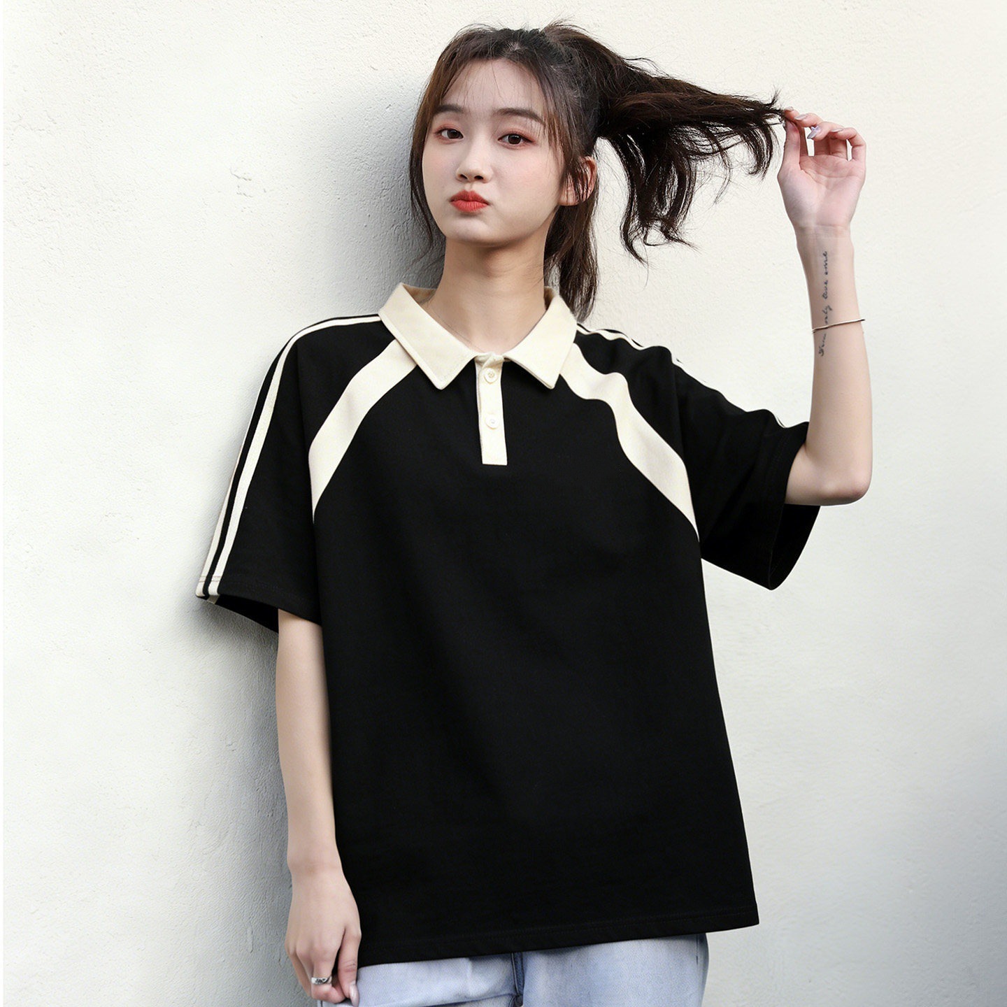 2026美式复古运动风撞色polo衫纯棉短袖t恤女重磅插肩宽松上衣服
