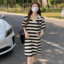 新款珠地棉条纹睡裙女夏宽松洋气可外穿翻领T恤睡衣家居连衣裙