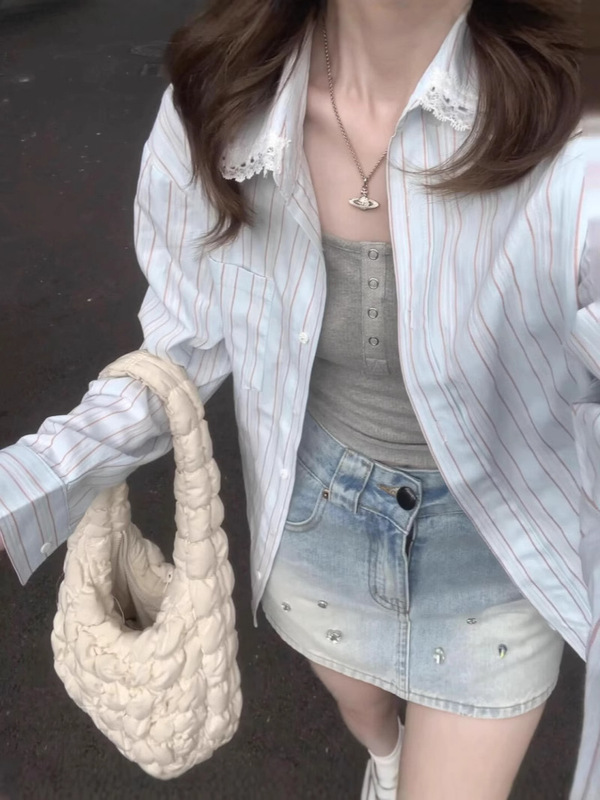 French Lace Trim Spliced Long-Sleeve Striped Shirt for Women, New Autumn Sweet Versatile Polo Collar Sun Protection Yi Jin