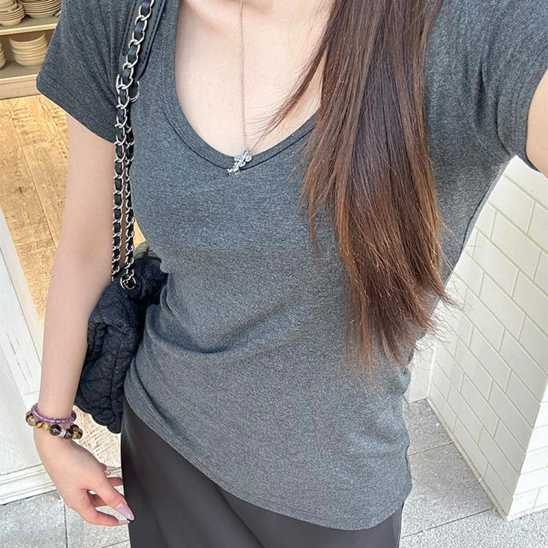 右肩ウエストルーズUネックスリムで万能なレイジースタイル夏の女性用無地デザインドレープトップ|undefined