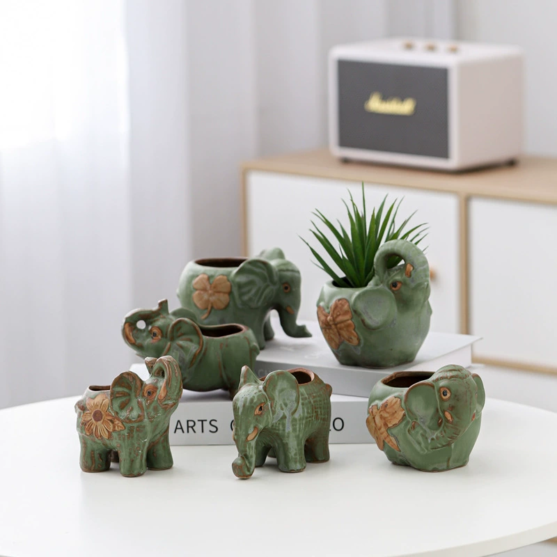 Симпатичные творческие личности маленькие животные слон мини мультфильм керамический цветочный горшок украшение печи K бронзовый зеленый