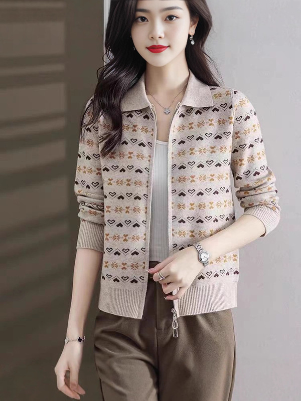羊绒毛衣女新款春秋中年妈妈拉链开衫外套加厚针织衫提花上衣短款|undefined