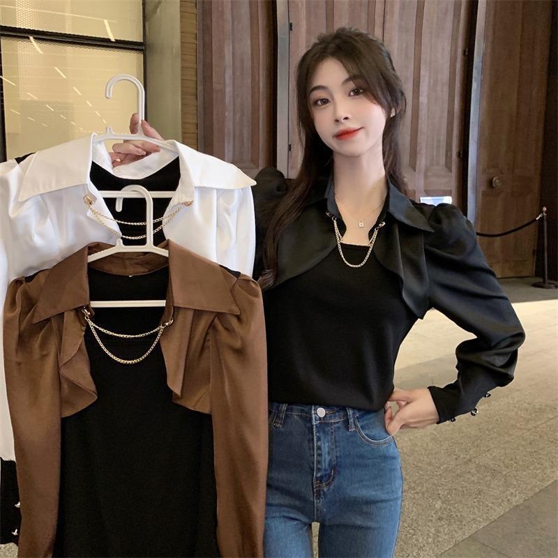 프랑스 틈새 가짜 투피스 목도리 긴팔 셔츠 여성의 봄과 가을 외부 착용 독특한 디자인 세련된 색상 매칭 쇼트 탑