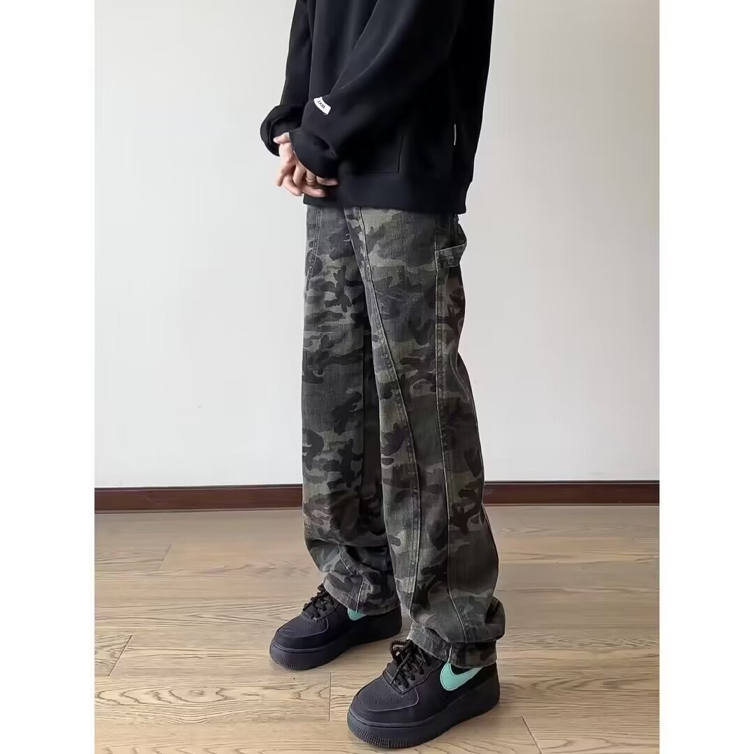 Vaqueros de camuflaje para hombres y mujeres nuevos pantalones retro americano de la calle alta pantalones anchos rectos sueltos