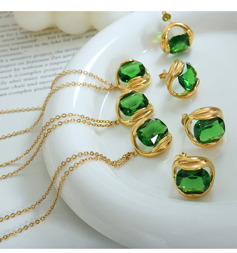 Fashion Square Titanium Steel Inlay Artificial Crystal Earrings Necklace