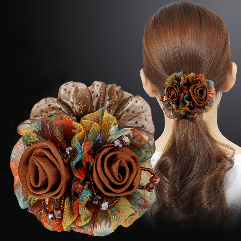 컬러풀한 거즈 머리끈 [커피색]