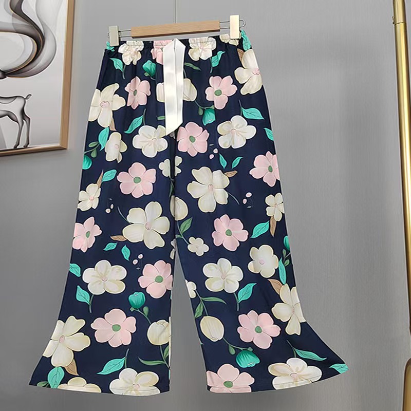 Pijama de seda de algodón para mujer, pantalones anchos de mujer embarazada de seda de algodón con estampado fino de verano