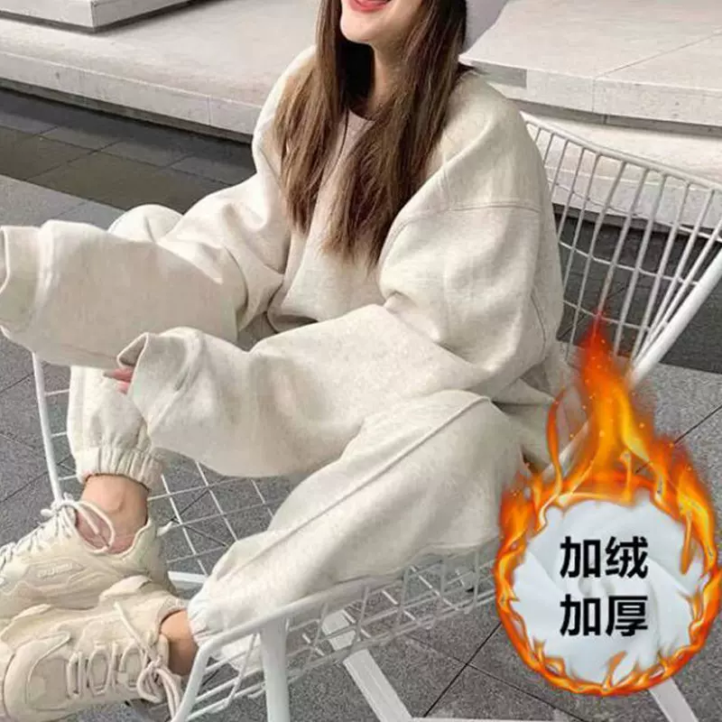运动服套装女秋冬宽松加绒加厚奶系穿搭一整套跑步卫衣休闲两件套