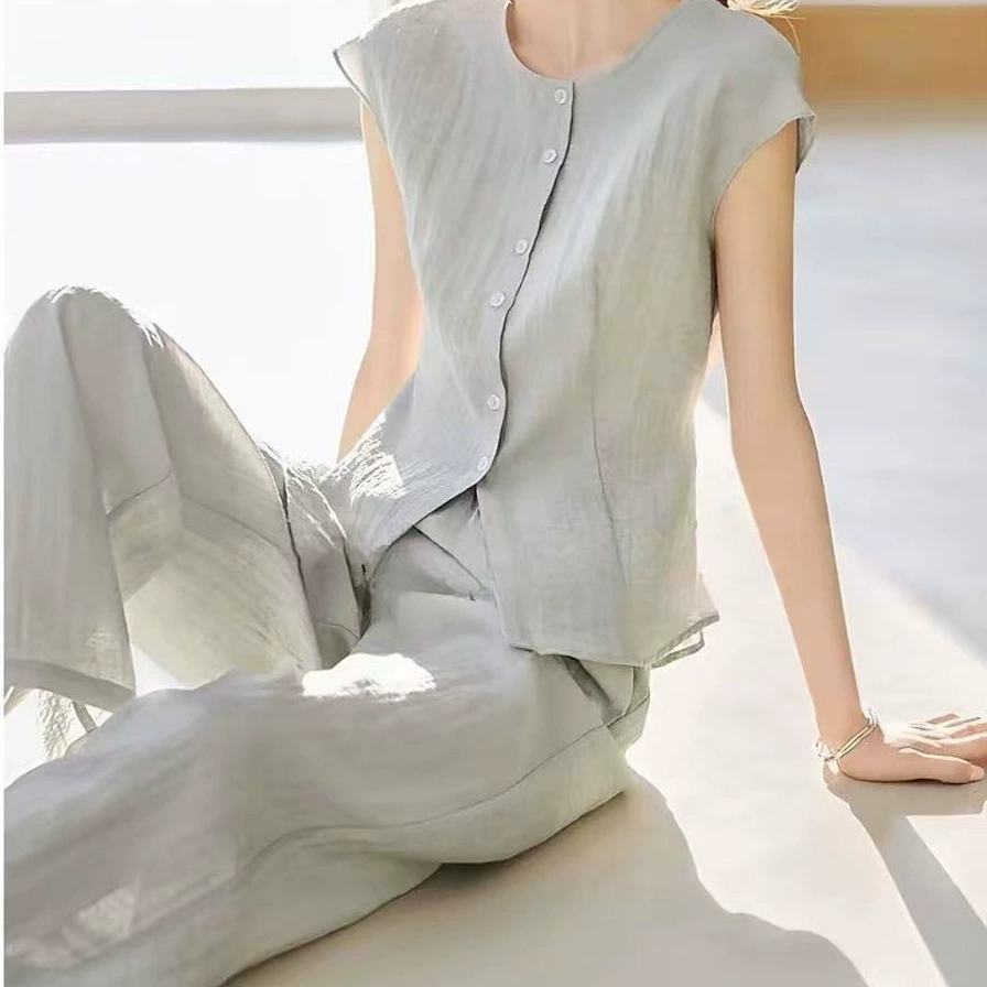 【现货】2025轻通勤圆领松弛感显瘦无袖上衣长裤两件套东南亚其它