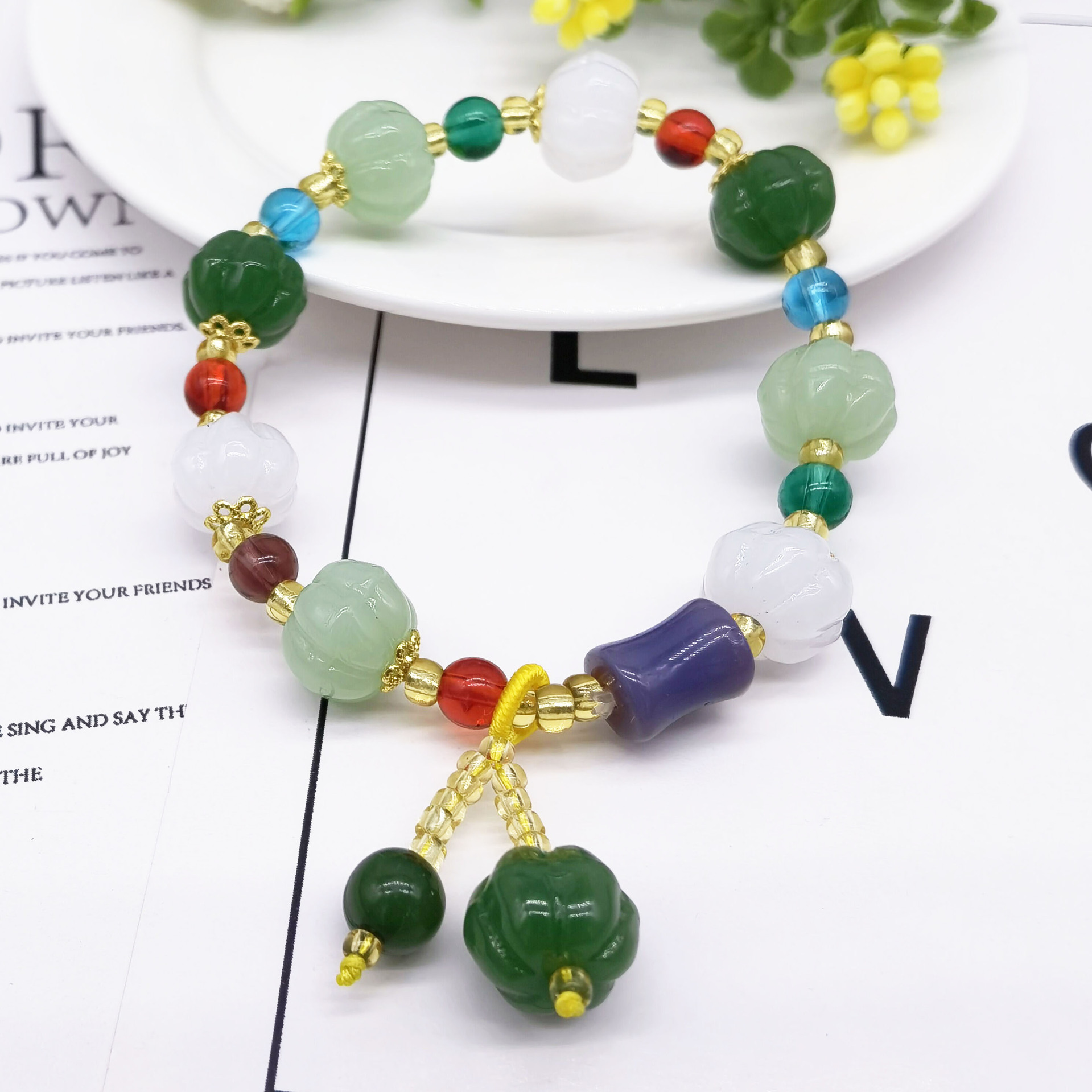 Ethnic bamboo bracelet white jade