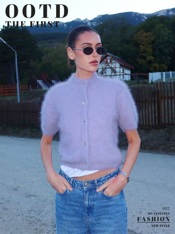 Áo cardigan dệt kim tay ngắn cổ bán cao ôm dáng phong cách retro — Màu hồng, Màu hồng cánh sen, Màu trắng, Màu tím chi tiết 1