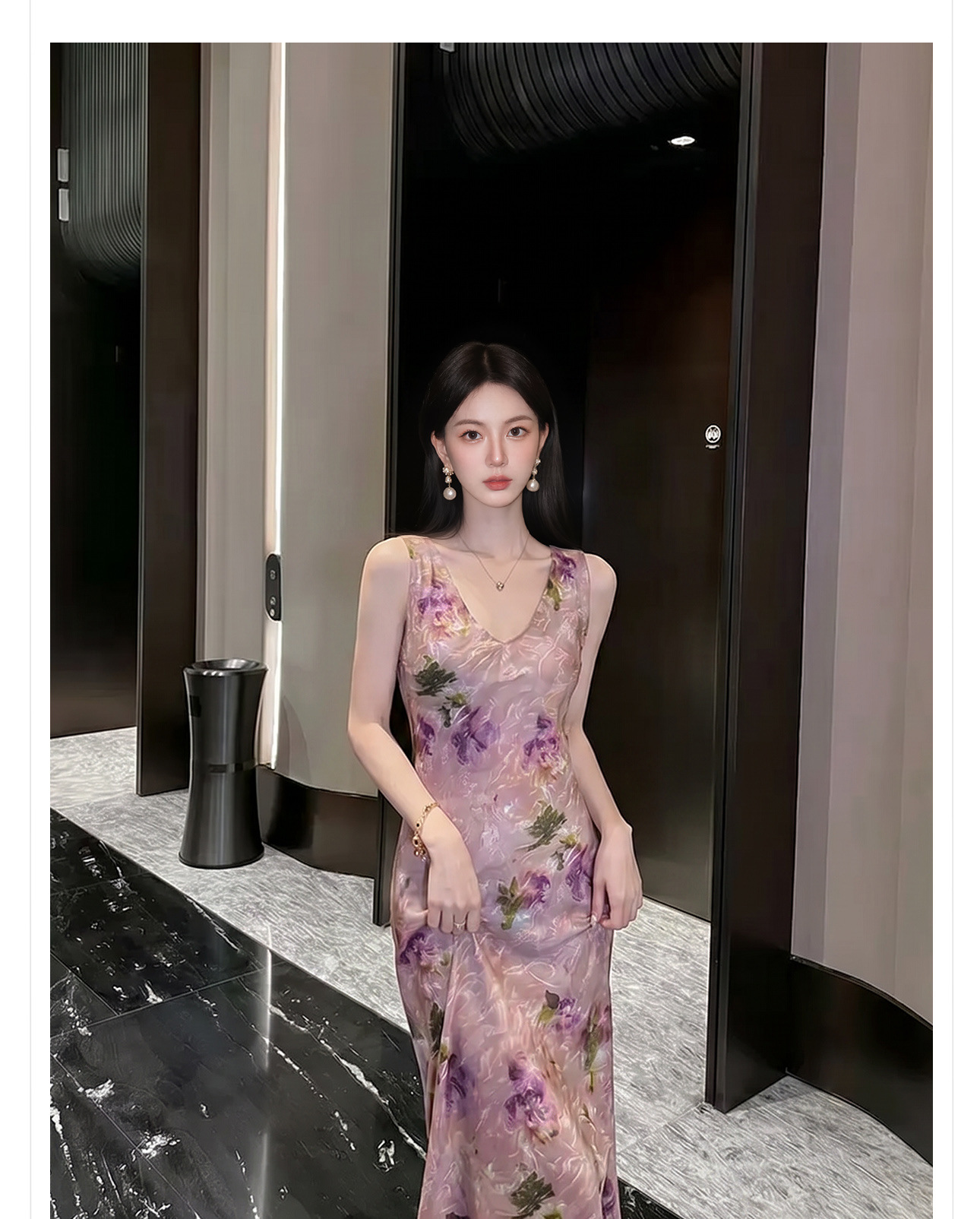 Đầm maxi nữ thắt eo họa tiết hoa văn tân cổ điển dáng suông nhẹ — Hồng tím chi tiết 5