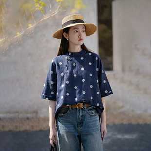 2025 Summer Cotton and Linen Embroidered French Artistic Retro Polka Dot Shirt