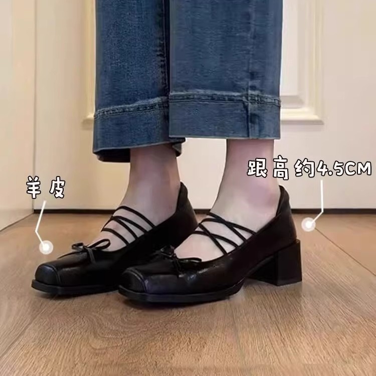 シープスキン～女性用フレンチシングルシューズ、太いヒール、美しく疲れにくいハイヒールバレエシューズ、レトロなリボンメリージェーンシューズ|undefined