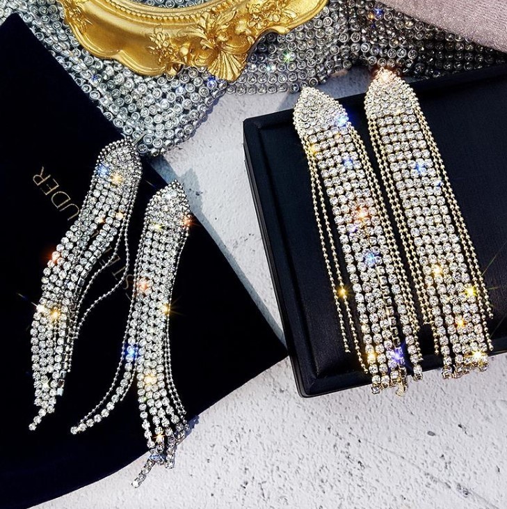 fashion long temperament tassel rhinestone earrings for women silver needle personality exaggerated internet celebrity trend shape earrings_voghion.com