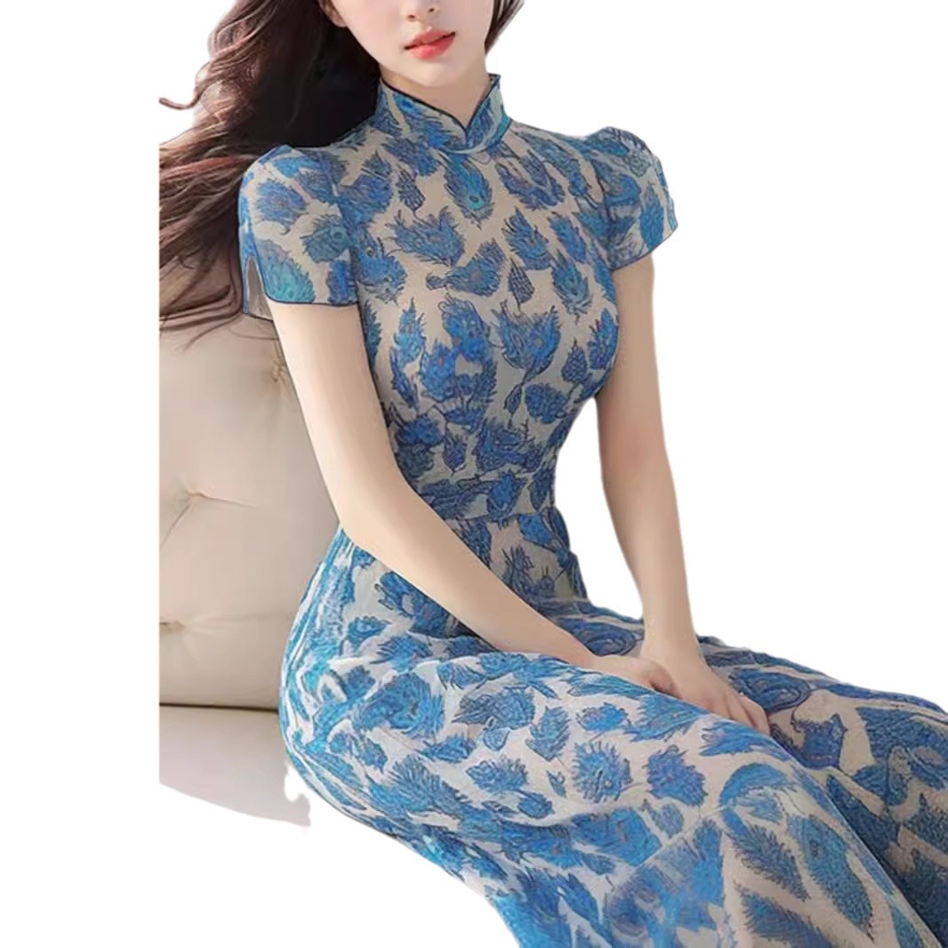 Váy dài phong cách Trung Quốc mới mùa hè FL240348 in hoa xanh lam thắt eo — Màu xanh lam