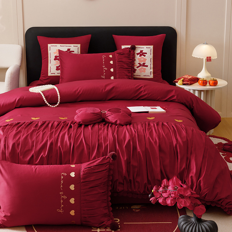 Chinas de alta gama algodón Jacquard cama de boda cuatro piezas de algodón sábanas rojas cubierta sábanas de boda