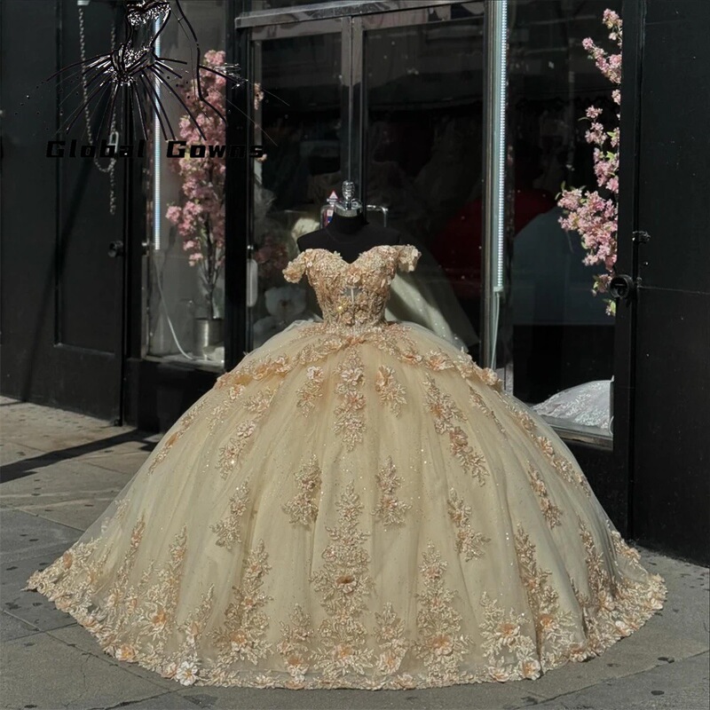 Mexican Champagne Off-Shoulder Ball Gown Adult Dress Girl Appliqué Party Dress 3D Floral Sweet